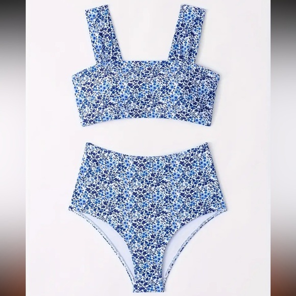 White & Blue Floral Print High-Waisted Bikini Set - Picture 3 of 8